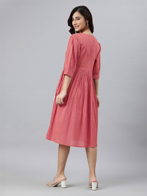 Peach Pure Cotton Solid Gathered Dress